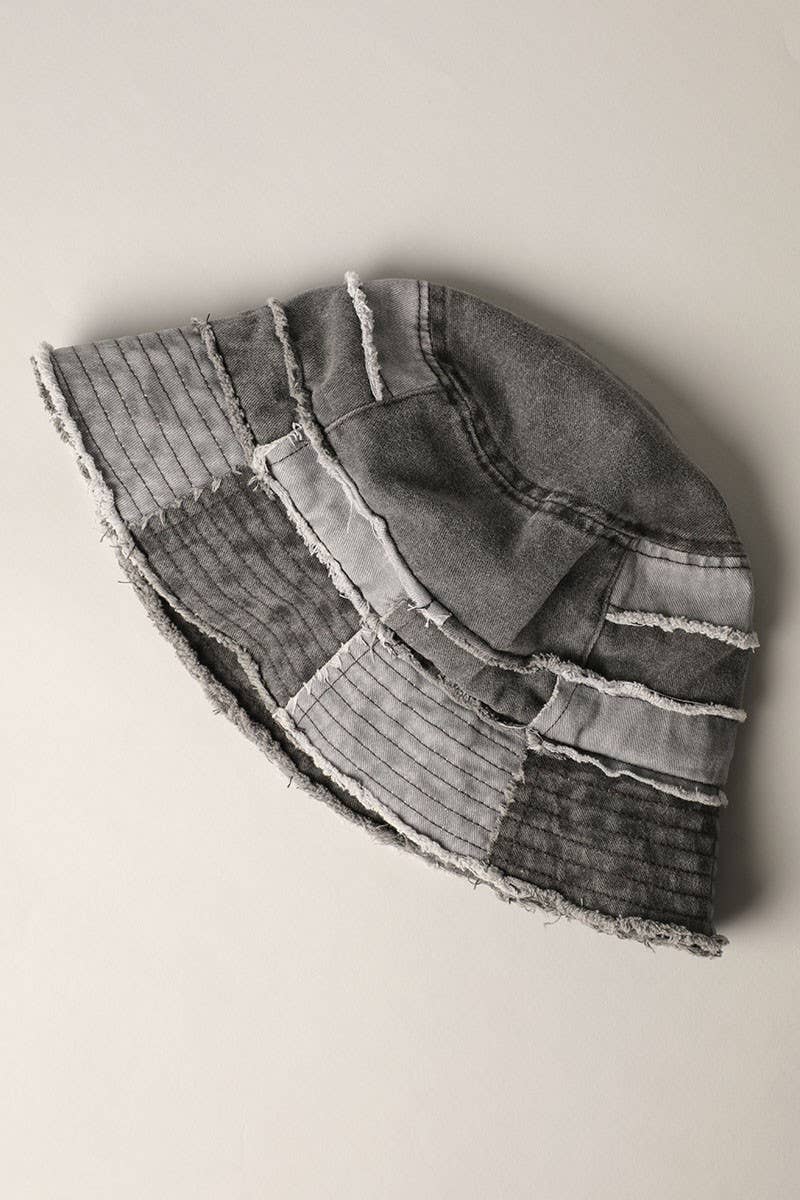 Frayed Patchwork Canvas Denim Bucket Hat