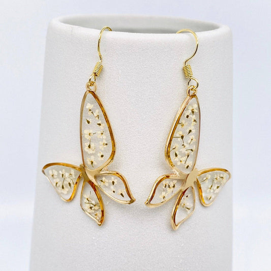 Queen Anne's Lace Butterfly Dried Flower Earrings