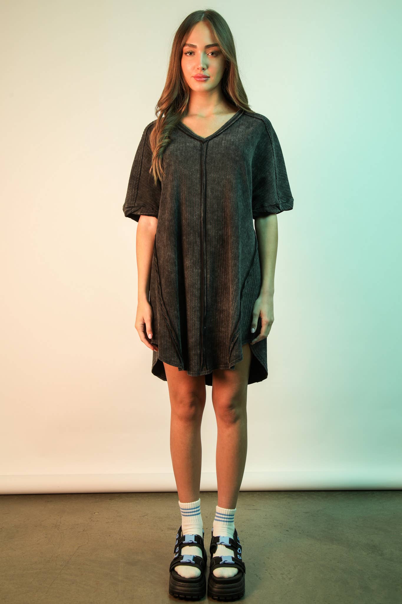 Mineral Washed Ribbed Knit Shift Mini Dress