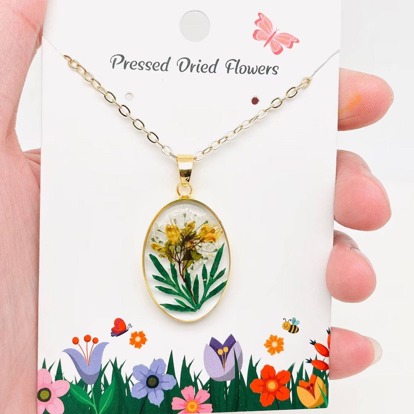Pressed Dried Flowers Oval Pendant Necklace