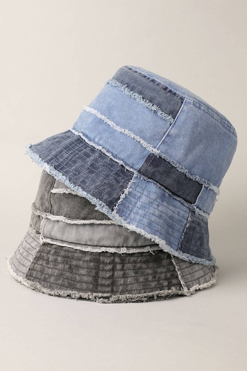 Frayed Patchwork Canvas Denim Bucket Hat