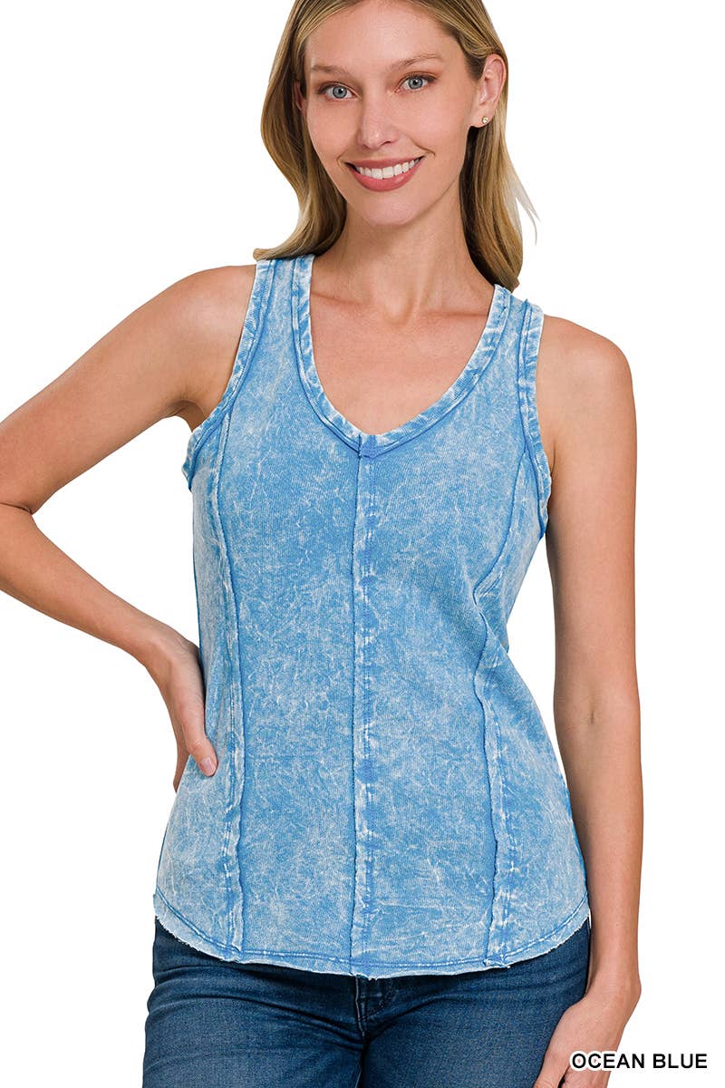 Washed Raw Edge V Neck Sleeveless Top