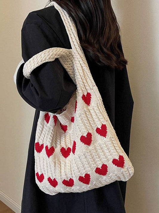Knitted Heart Design Shoulder Tote Bag