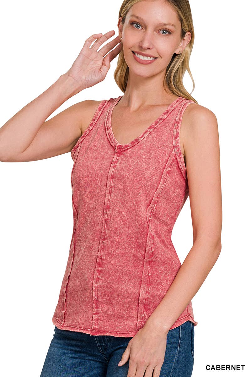 Washed Raw Edge V Neck Sleeveless Top