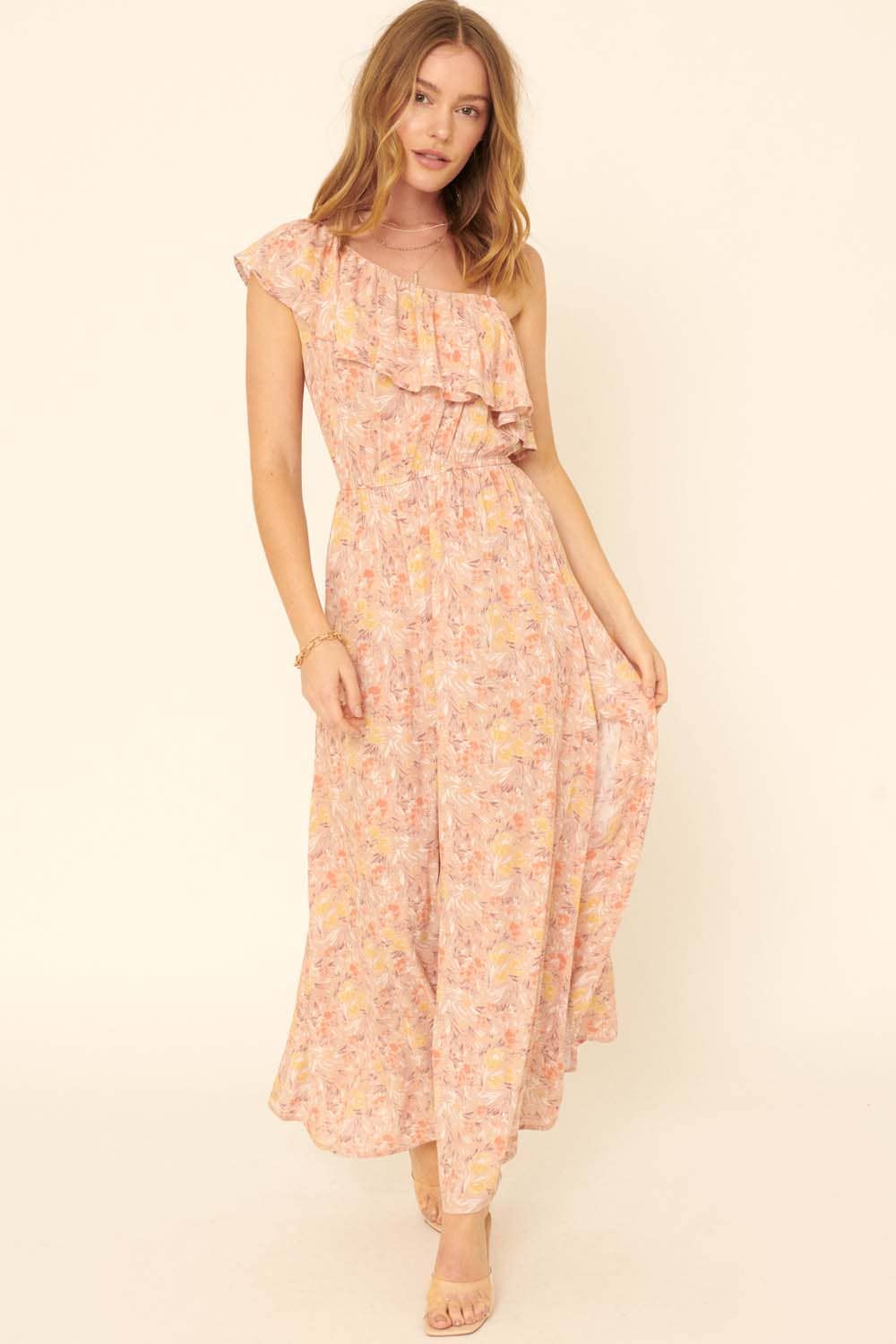 Floral One Shoulder Ruffle Overlayer Maxi Dress