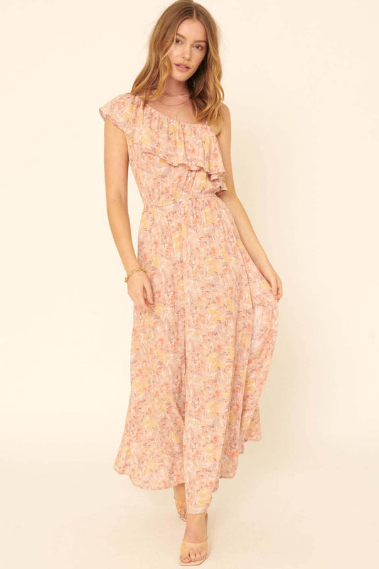 Floral One Shoulder Ruffle Overlayer Maxi Dress