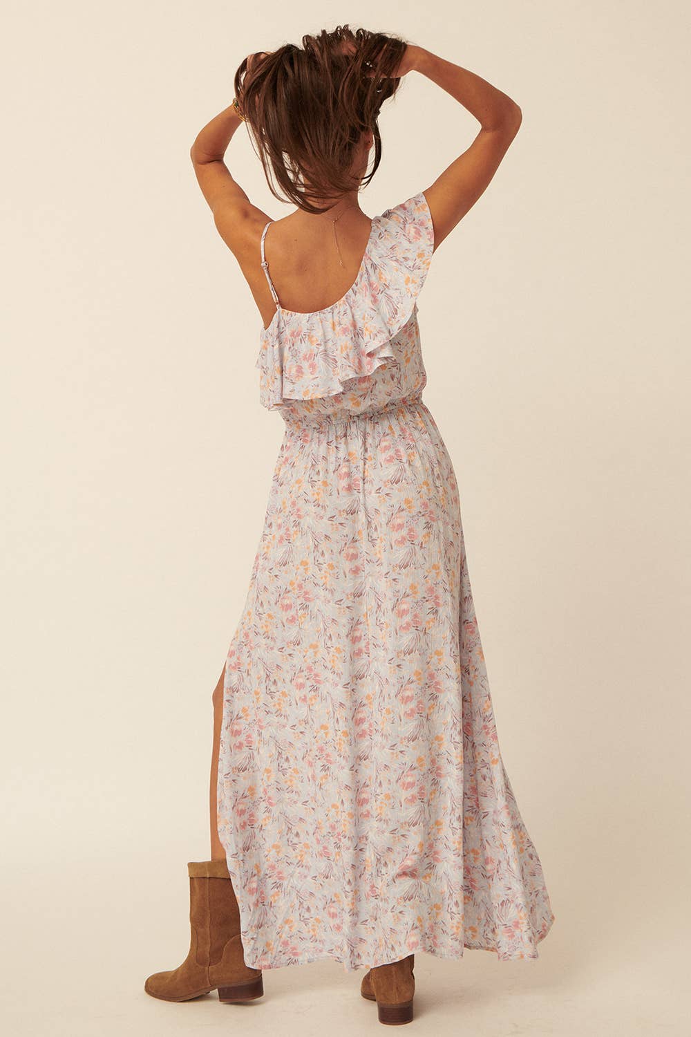 Floral One Shoulder Ruffle Overlayer Maxi Dress