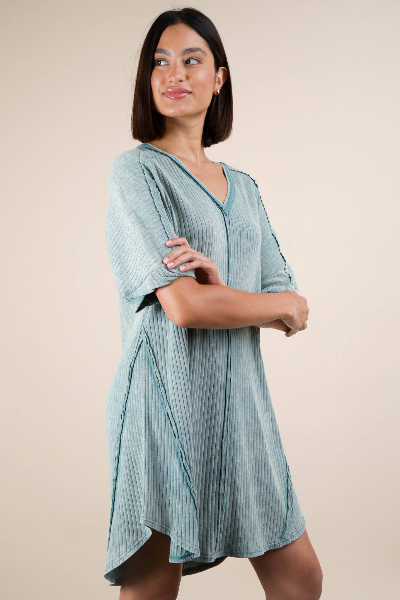 Mineral Washed Ribbed Knit Shift Mini Dress