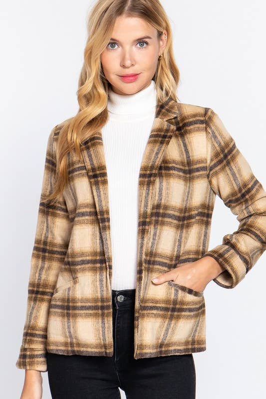 Long Sleeve Notched Collar Plaid Jacket