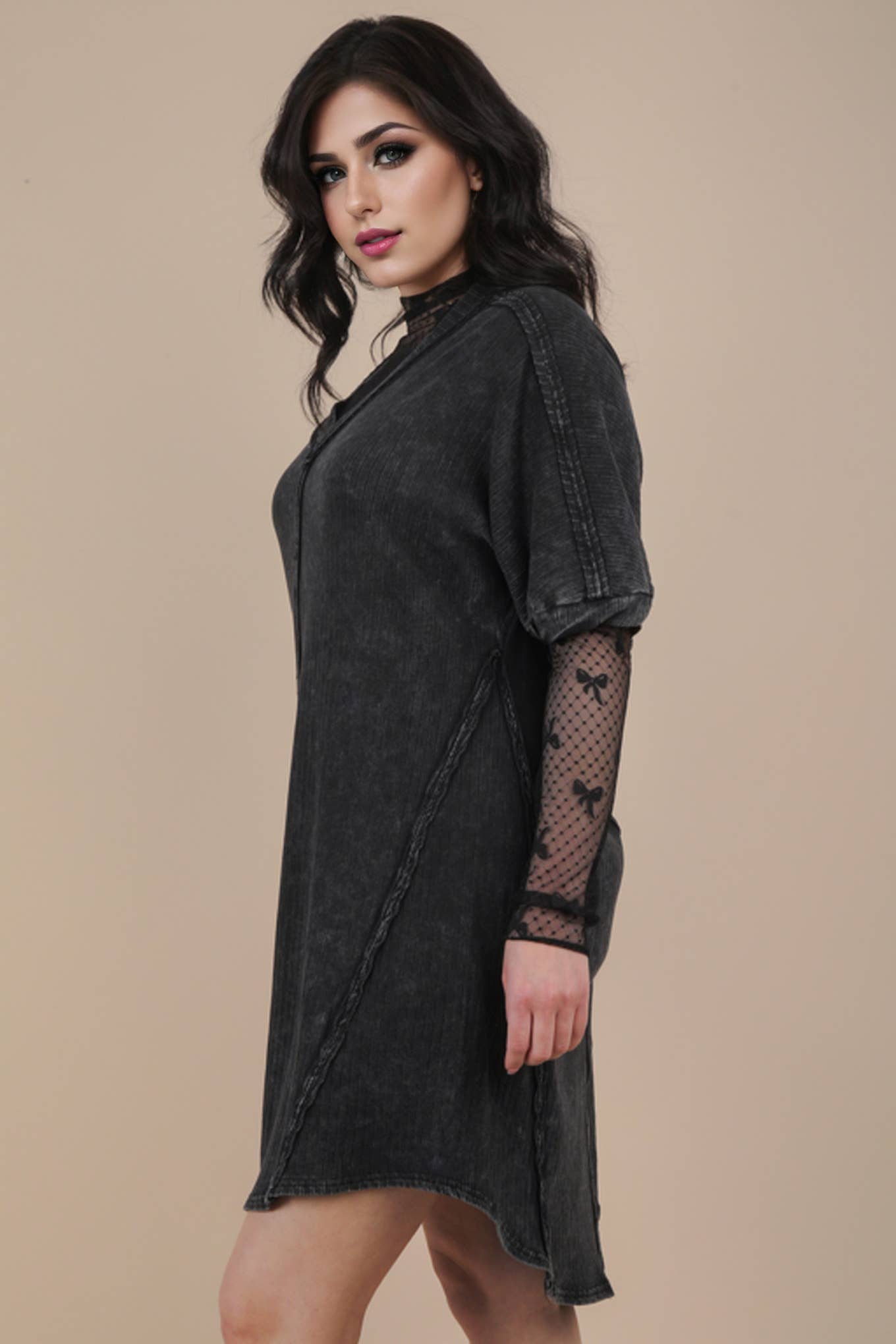 Mineral Washed Ribbed Knit Shift Mini Dress