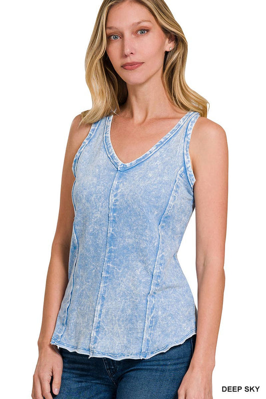 Washed Raw Edge V Neck Sleeveless Top