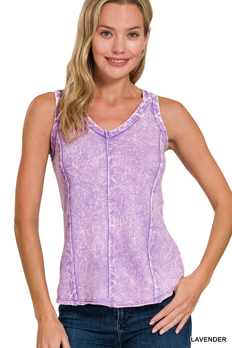 Washed Raw Edge V Neck Sleeveless Top