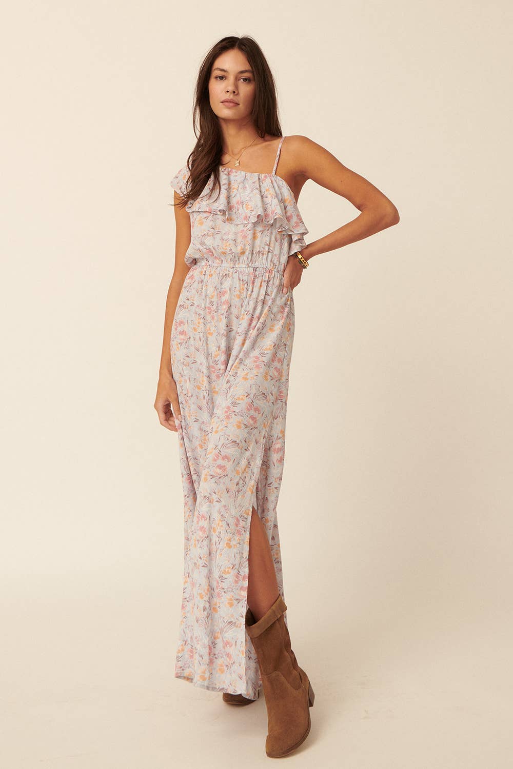 Floral One Shoulder Ruffle Overlayer Maxi Dress