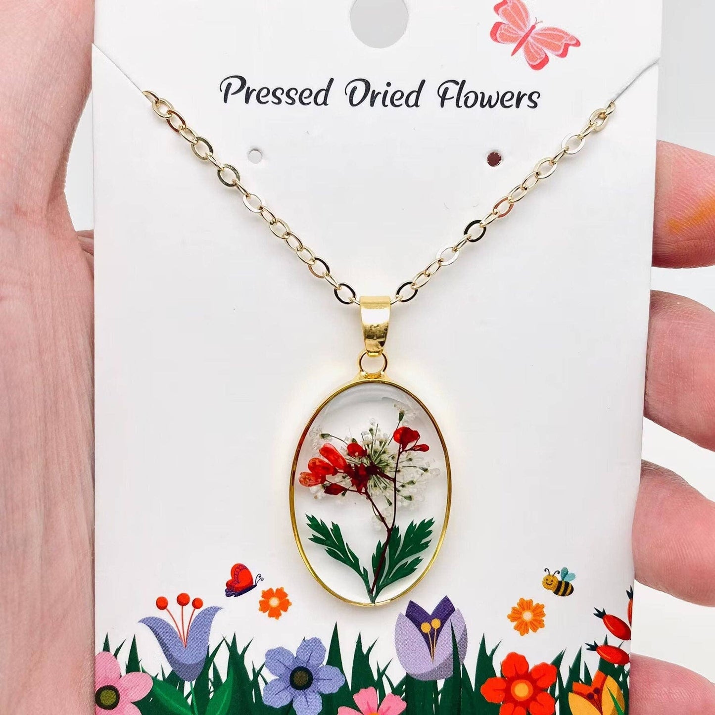 Pressed Dried Flowers Oval Pendant Necklace