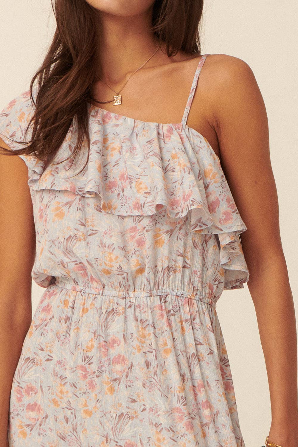 Floral One Shoulder Ruffle Overlayer Maxi Dress