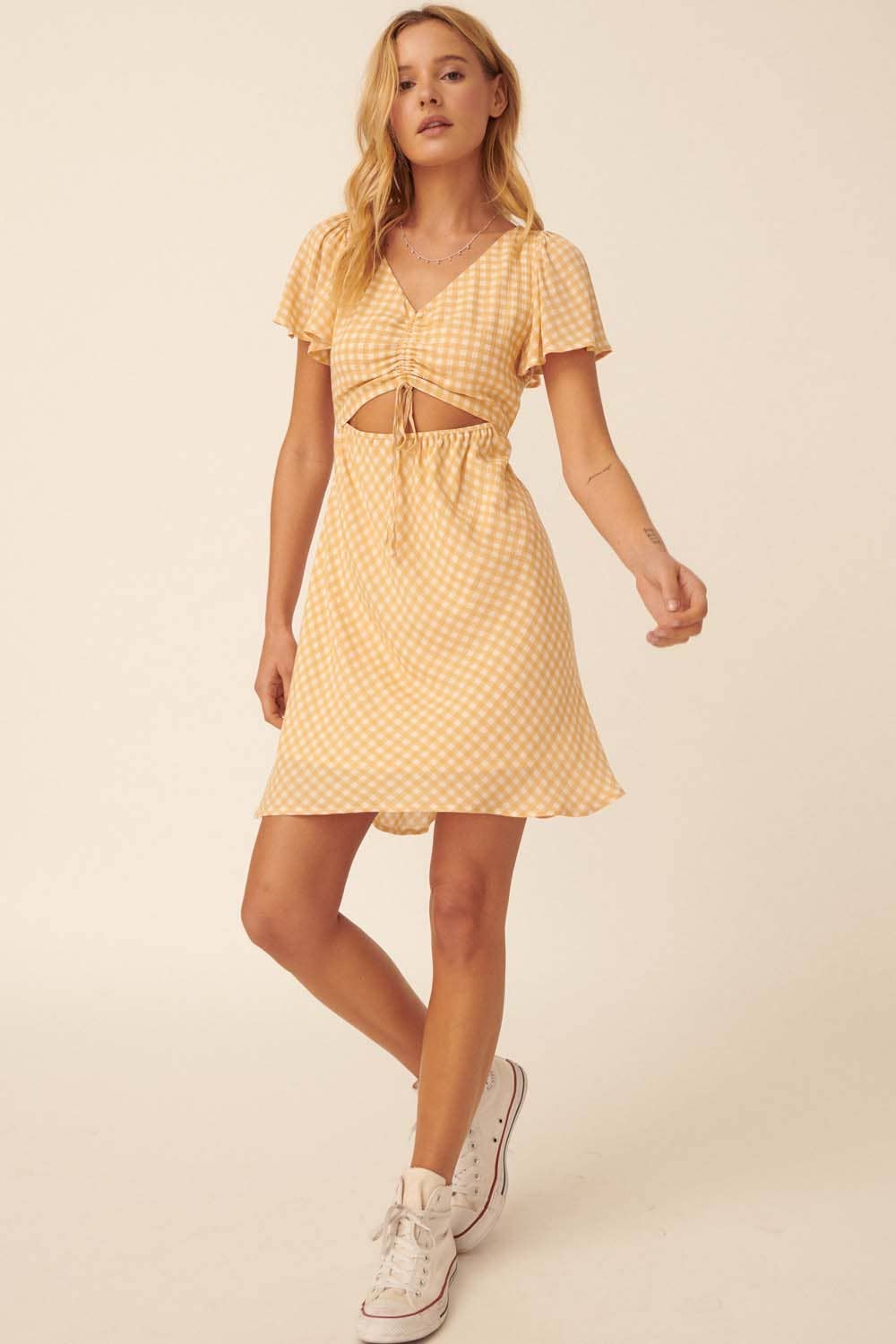 Plaid V-Neck Front Cutout Elastic Waist Mini Dress