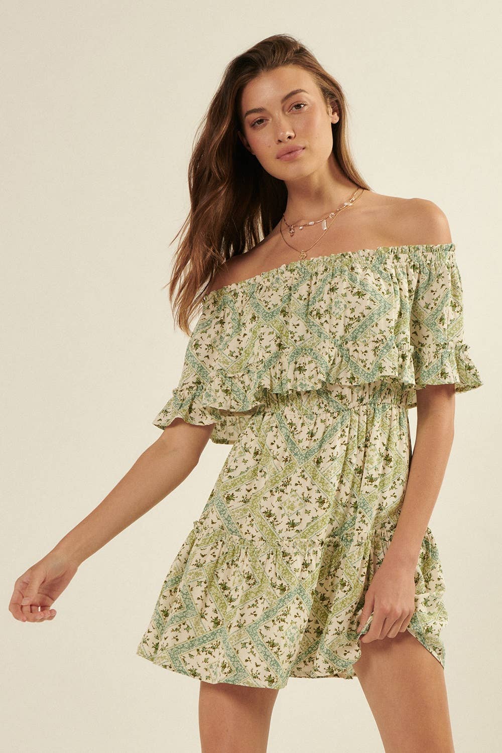 Floral Off Shoulder Neck Mini Dress