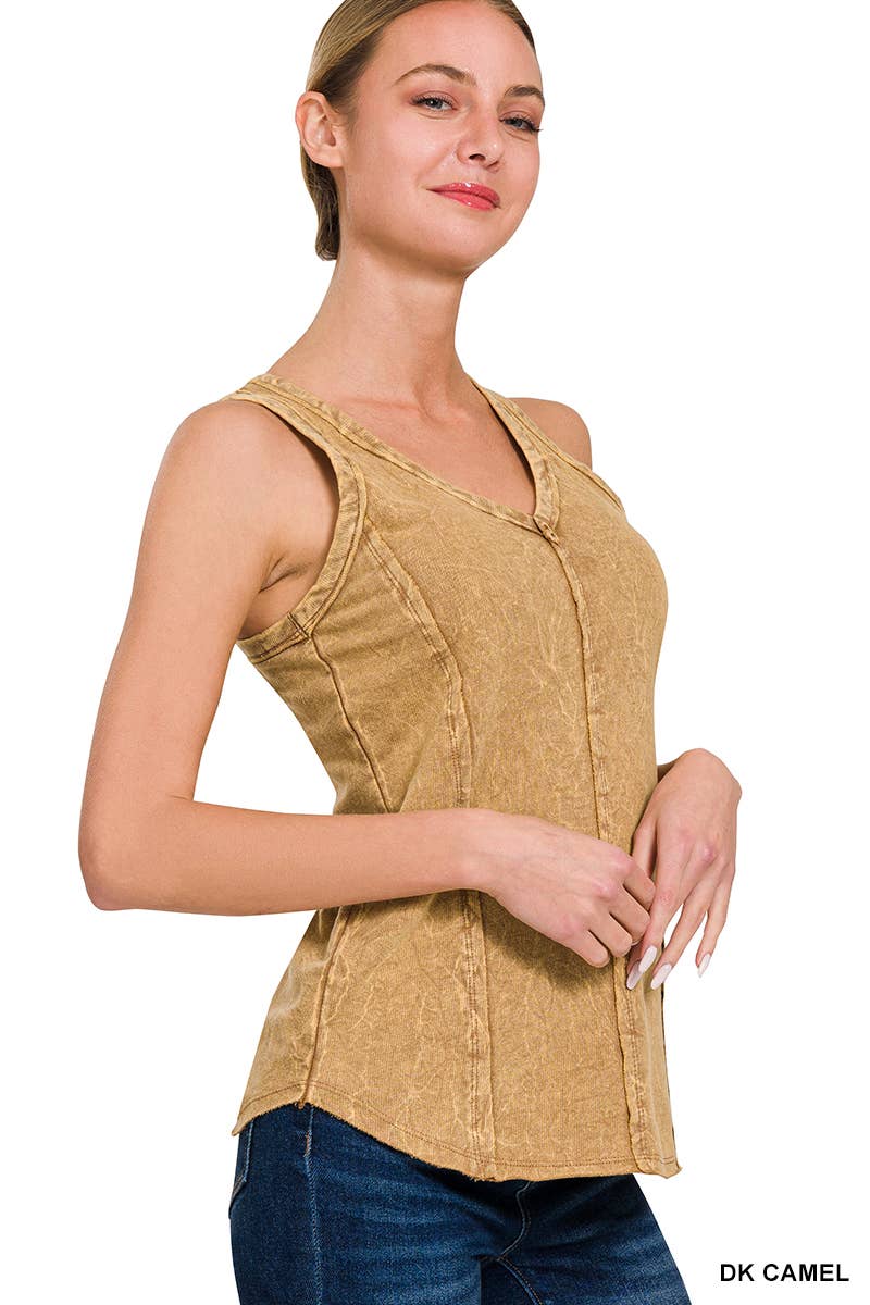 Washed Raw Edge V Neck Sleeveless Top