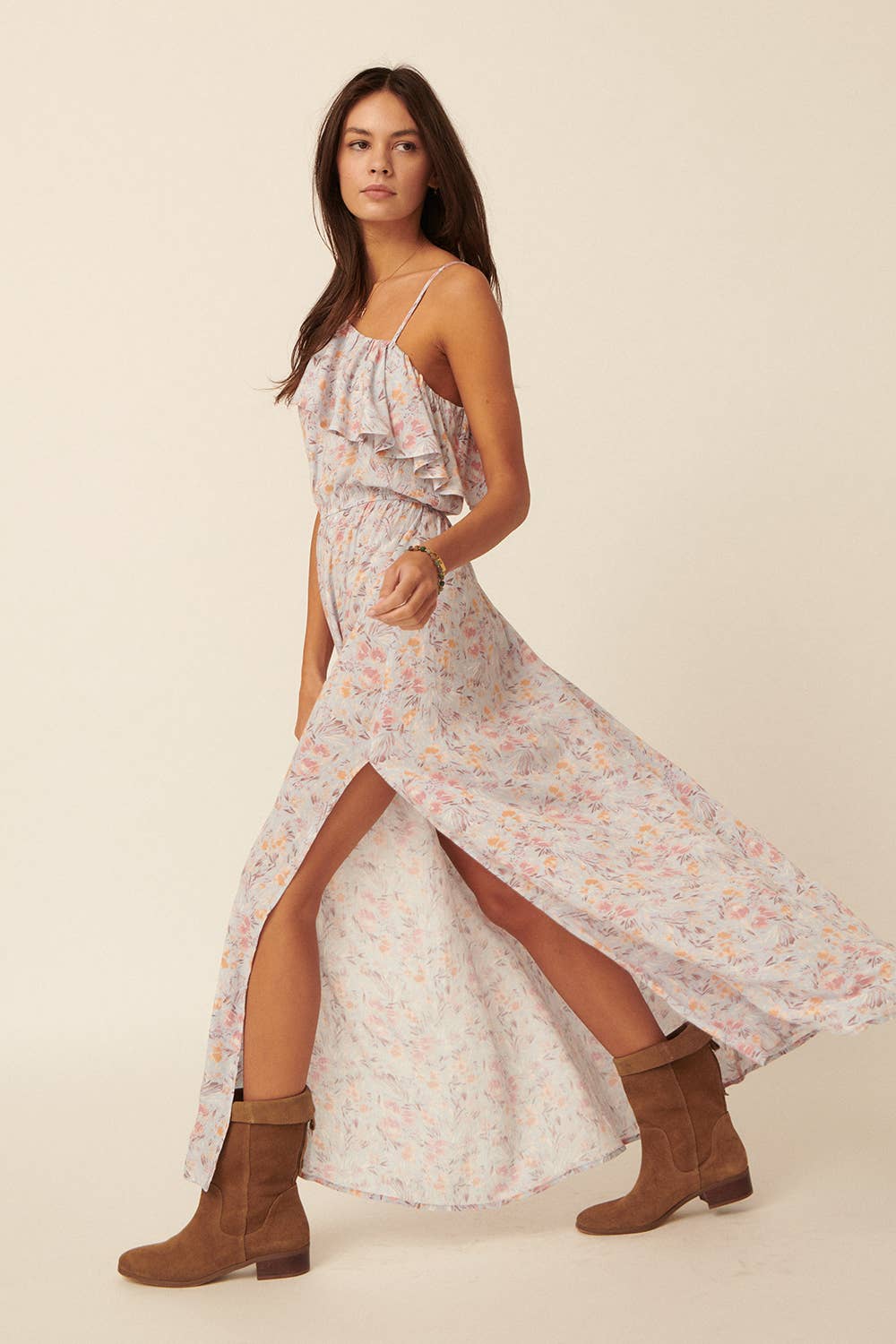 Floral One Shoulder Ruffle Overlayer Maxi Dress