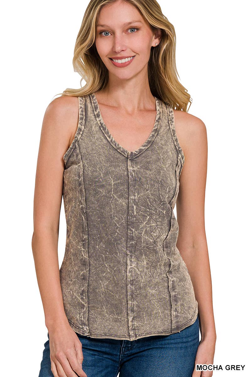 Washed Raw Edge V Neck Sleeveless Top