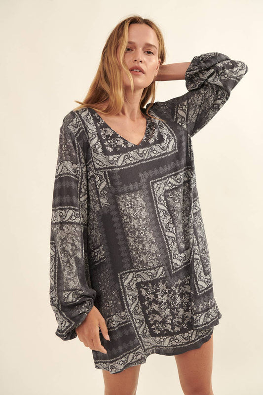 Bandana-Print Long-Sleeve Cutout Mini Shift Dress