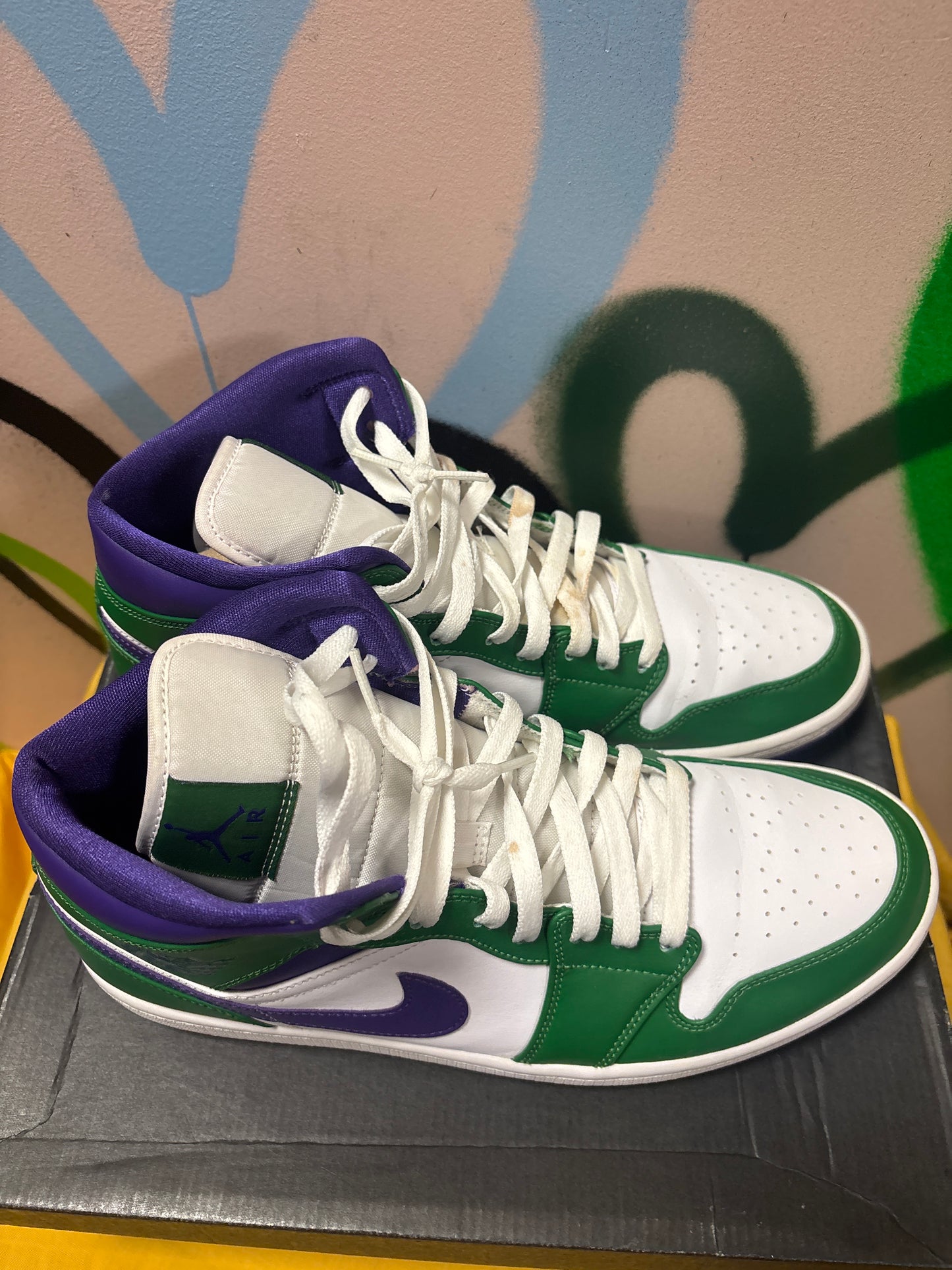 Nike Air Jordan 1 Mid "Incredible Hulk" features a color scheme of Aloe Verde, Court Purple, and White Size 11