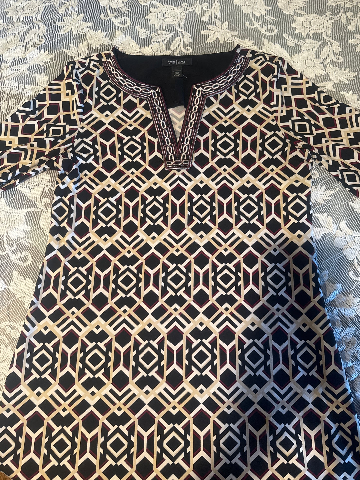 (LARGE) Vintage White House Black Market Red & Black Abstract Polyester Dress