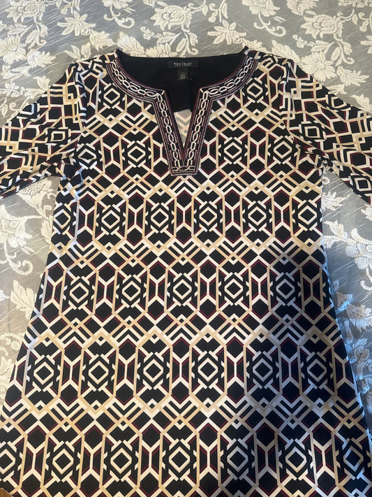 (LARGE) Vintage White House Black Market Red & Black Abstract Polyester Dress