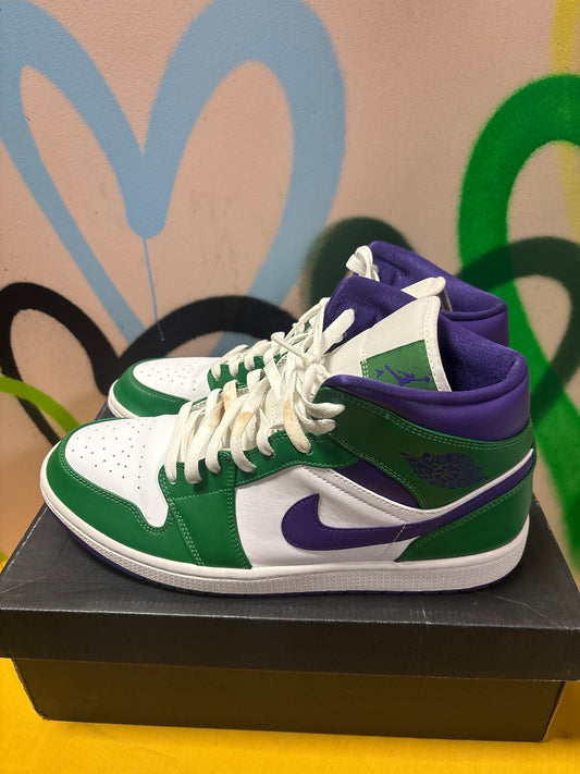 Nike Air Jordan 1 Mid "Incredible Hulk" features a color scheme of Aloe Verde, Court Purple, and White Size 11