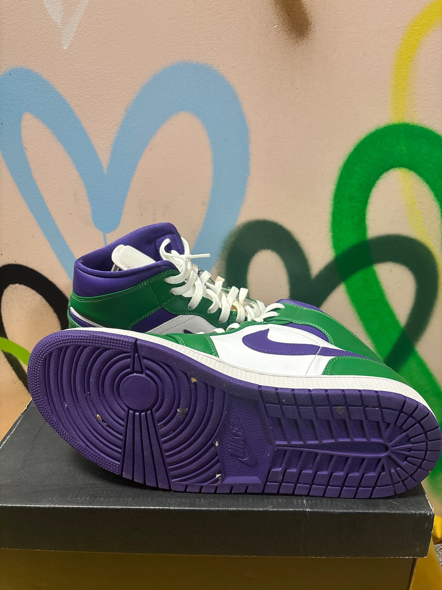 Nike Air Jordan 1 Mid "Incredible Hulk" features a color scheme of Aloe Verde, Court Purple, and White Size 11