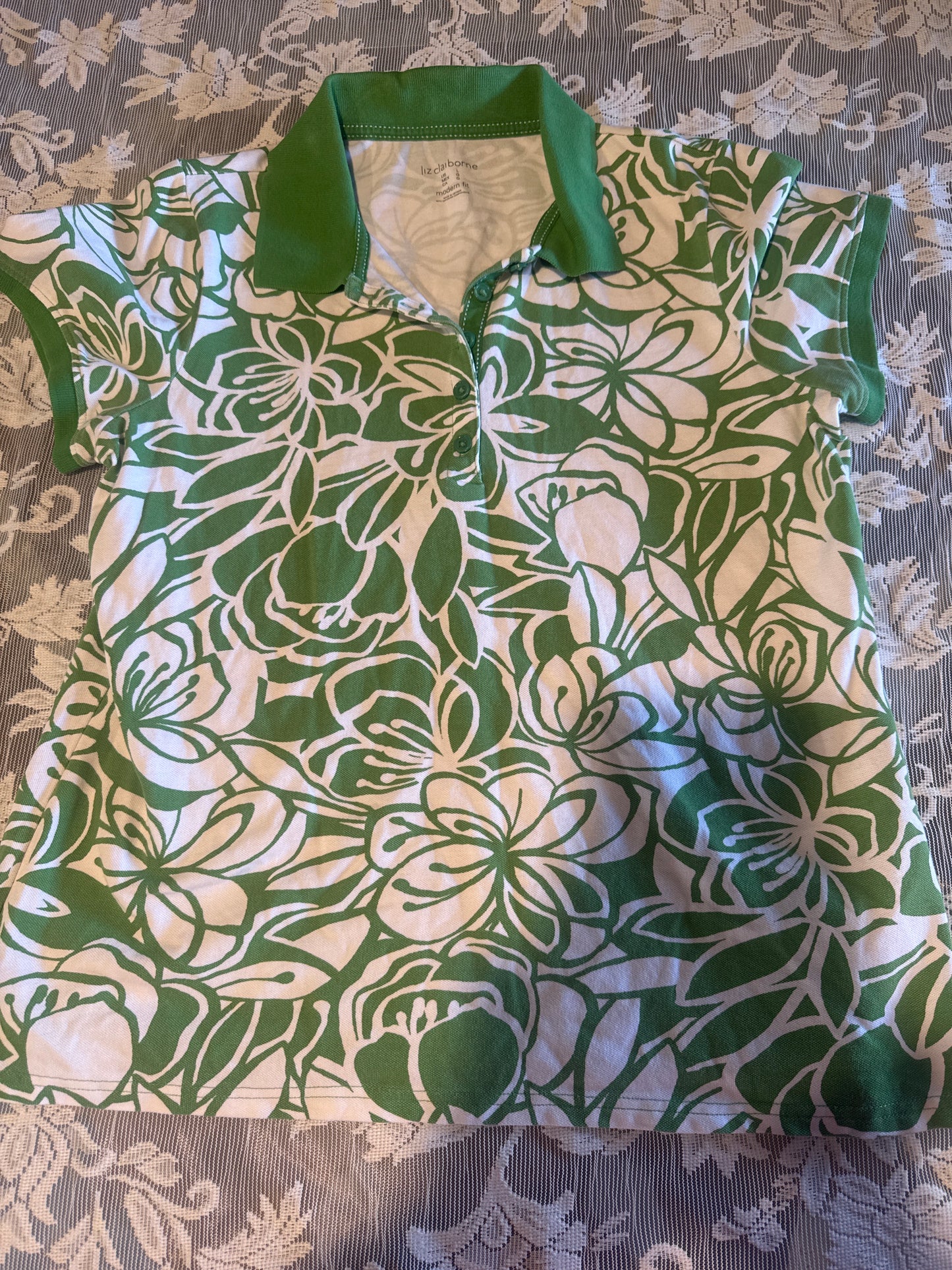 (LARGE) Vintage Liz Claiborne Green Collared Hawaiian Blouse Cotton