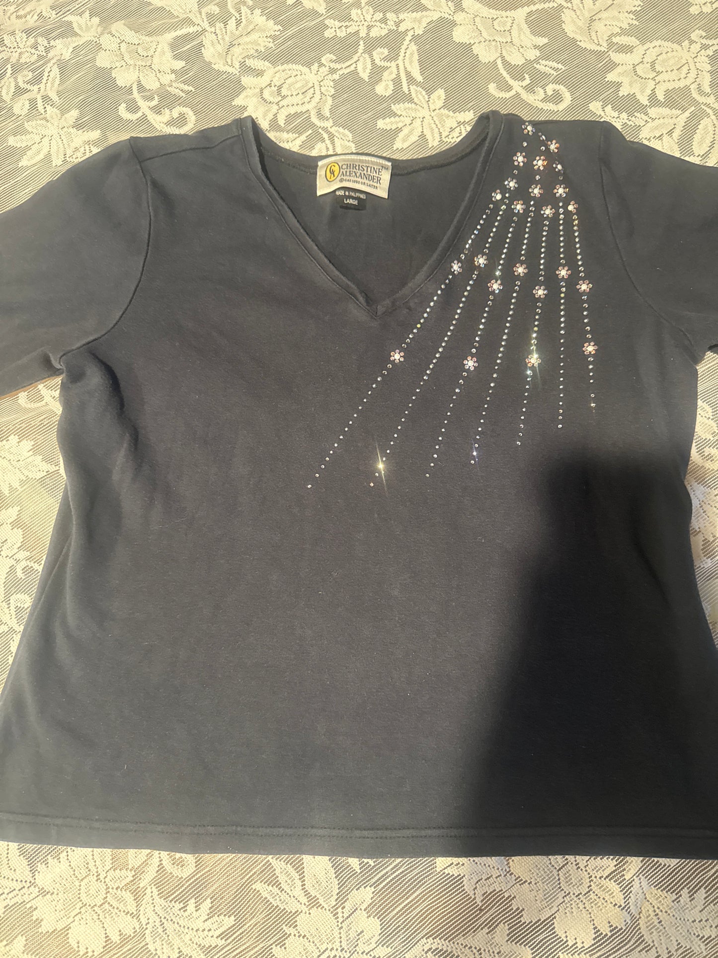 (LARGE) Vintage Christine Alexander Black Jeweled Cotton Blouse