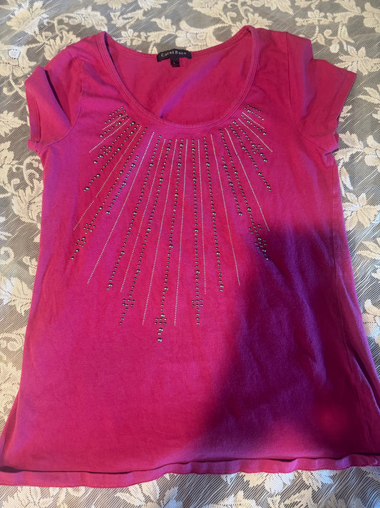 (LARGE) Vintage Carol Rose Pink Jeweled Cotton Blouse