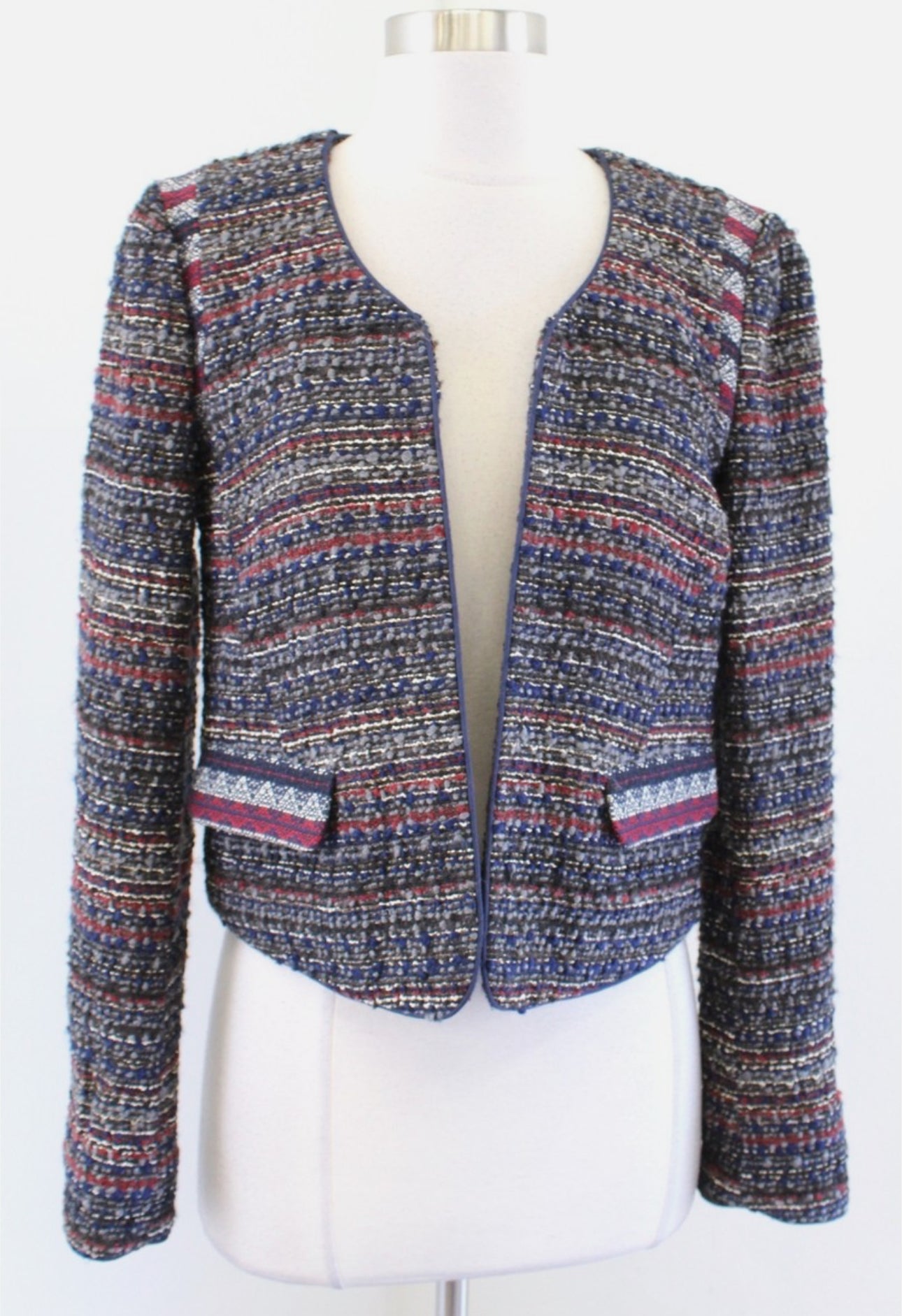 (MEDIUM) Y2K Ann Taylor Loft Navy Blue Striped Tweed Open Crop Blazer Jacket Size 8