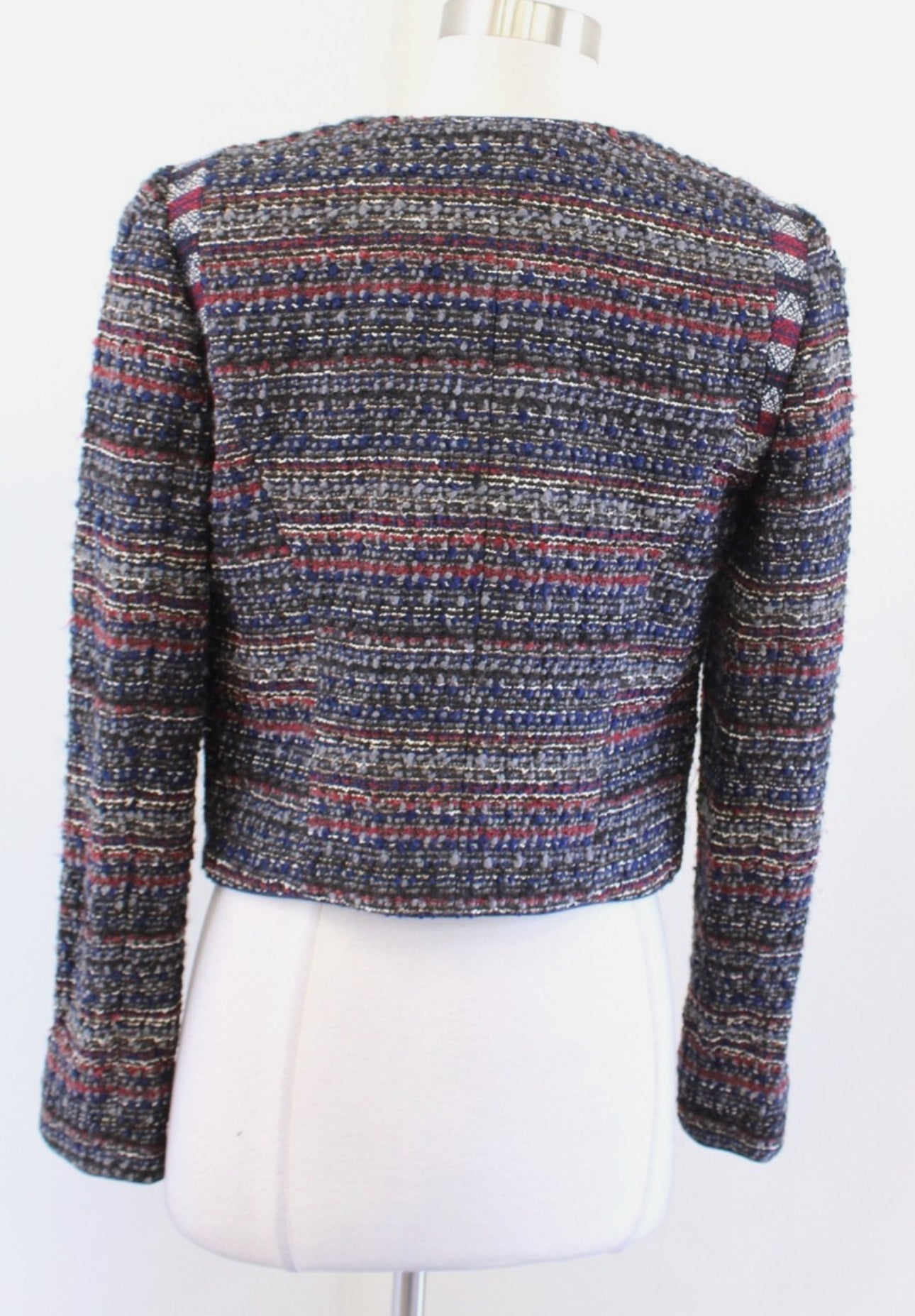 (MEDIUM) Y2K Ann Taylor Loft Navy Blue Striped Tweed Open Crop Blazer Jacket Size 8