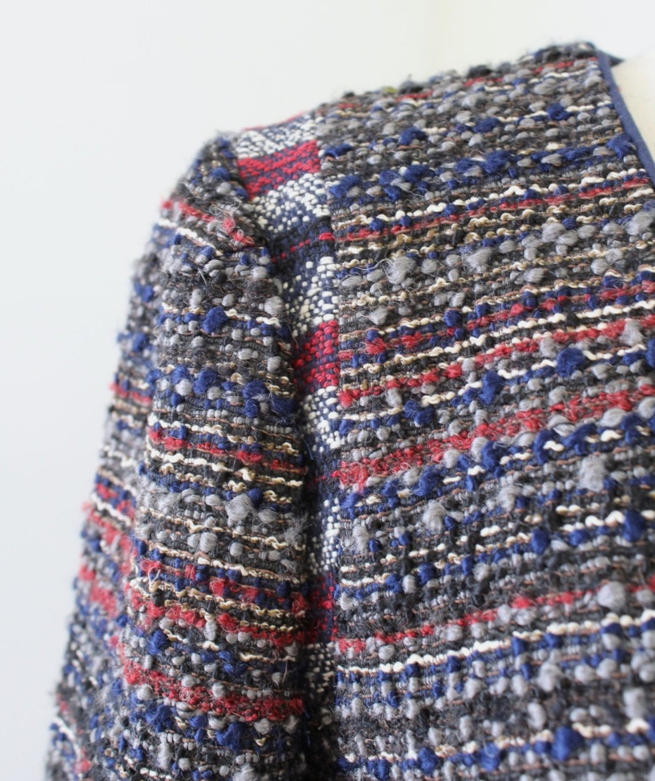 (MEDIUM) Y2K Ann Taylor Loft Navy Blue Striped Tweed Open Crop Blazer Jacket Size 8