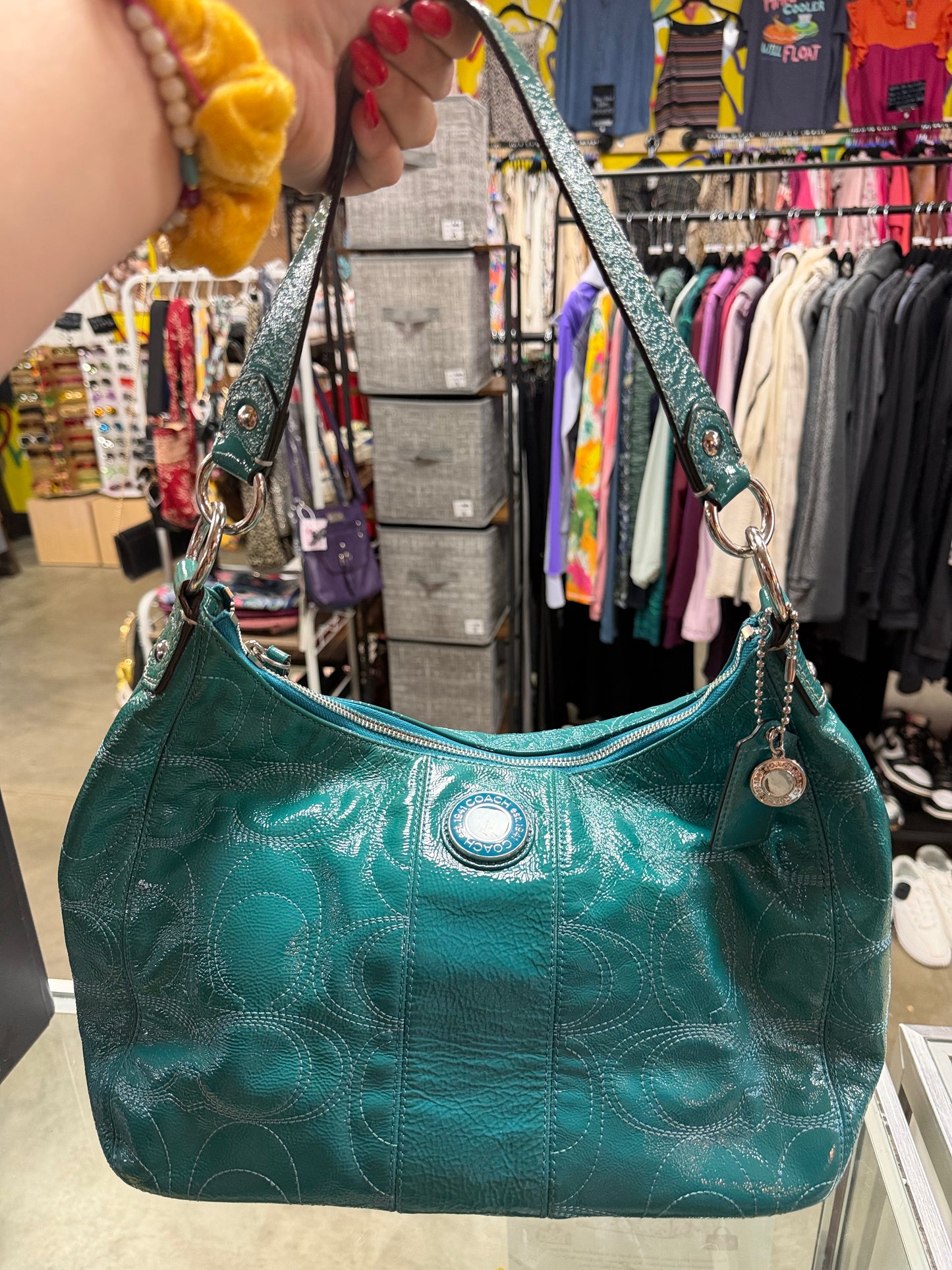 Coach Dalton Aqua Teal Patent Leather Shoulder Handbag With Both Straps **AUTHENTICATED**