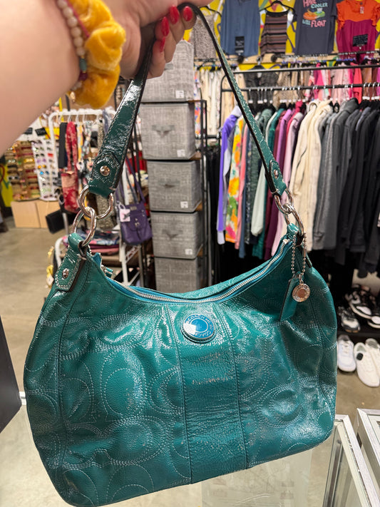 Coach Dalton Aqua Teal Patent Leather Shoulder Handbag With Both Straps **AUTHENTICATED**