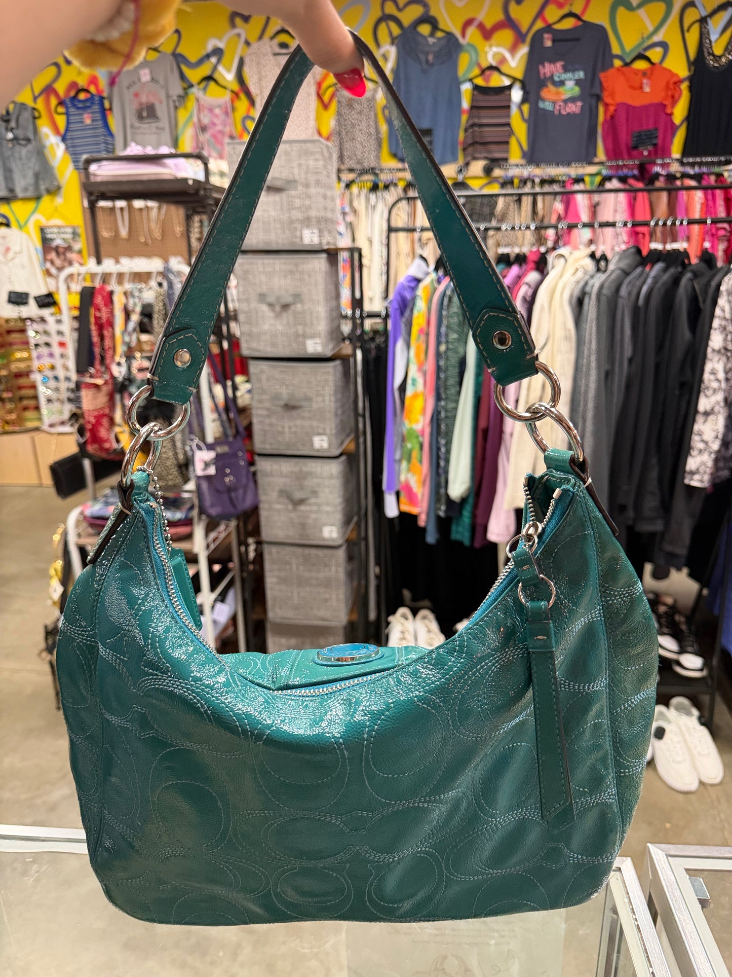 Coach Dalton Aqua Teal Patent Leather Shoulder Handbag With Both Straps **AUTHENTICATED**
