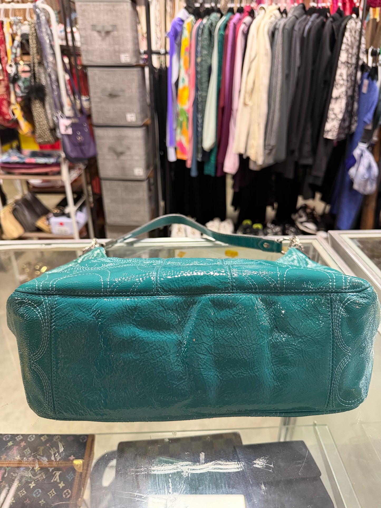 Coach Dalton Aqua Teal Patent Leather Shoulder Handbag With Both Straps **AUTHENTICATED**