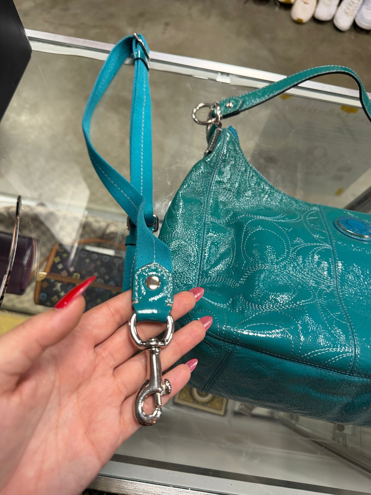 Coach Dalton Aqua Teal Patent Leather Shoulder Handbag With Both Straps **AUTHENTICATED**