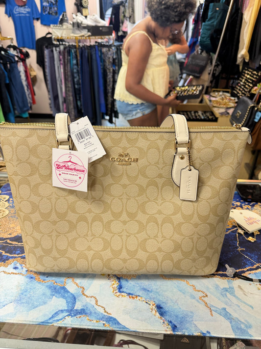 Coach Light Khaki Canvas Signature Chalk Leather Gallery Tote Bag NWT $460