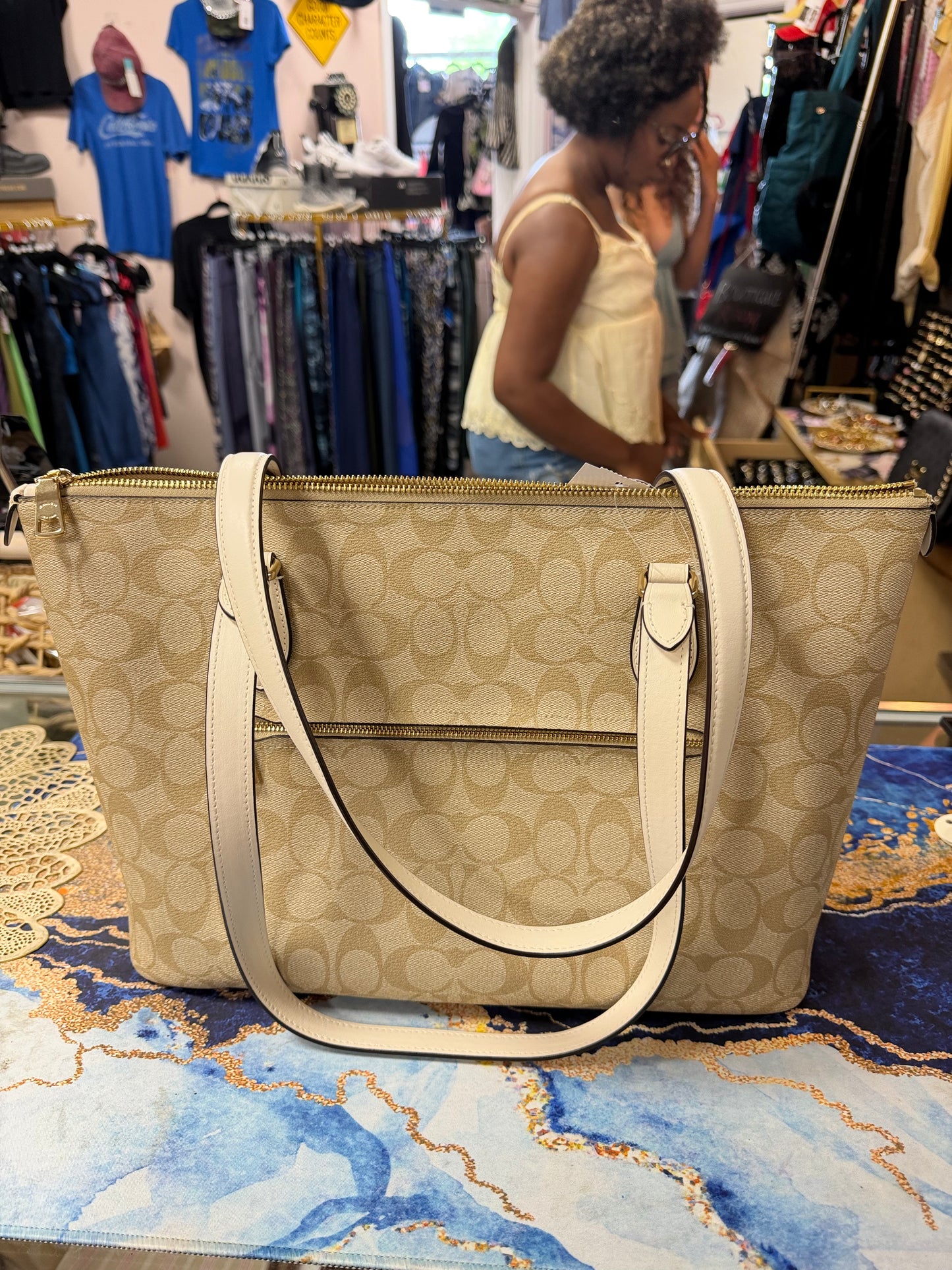 Coach Light Khaki Canvas Signature Chalk Leather Gallery Tote Bag NWT $460
