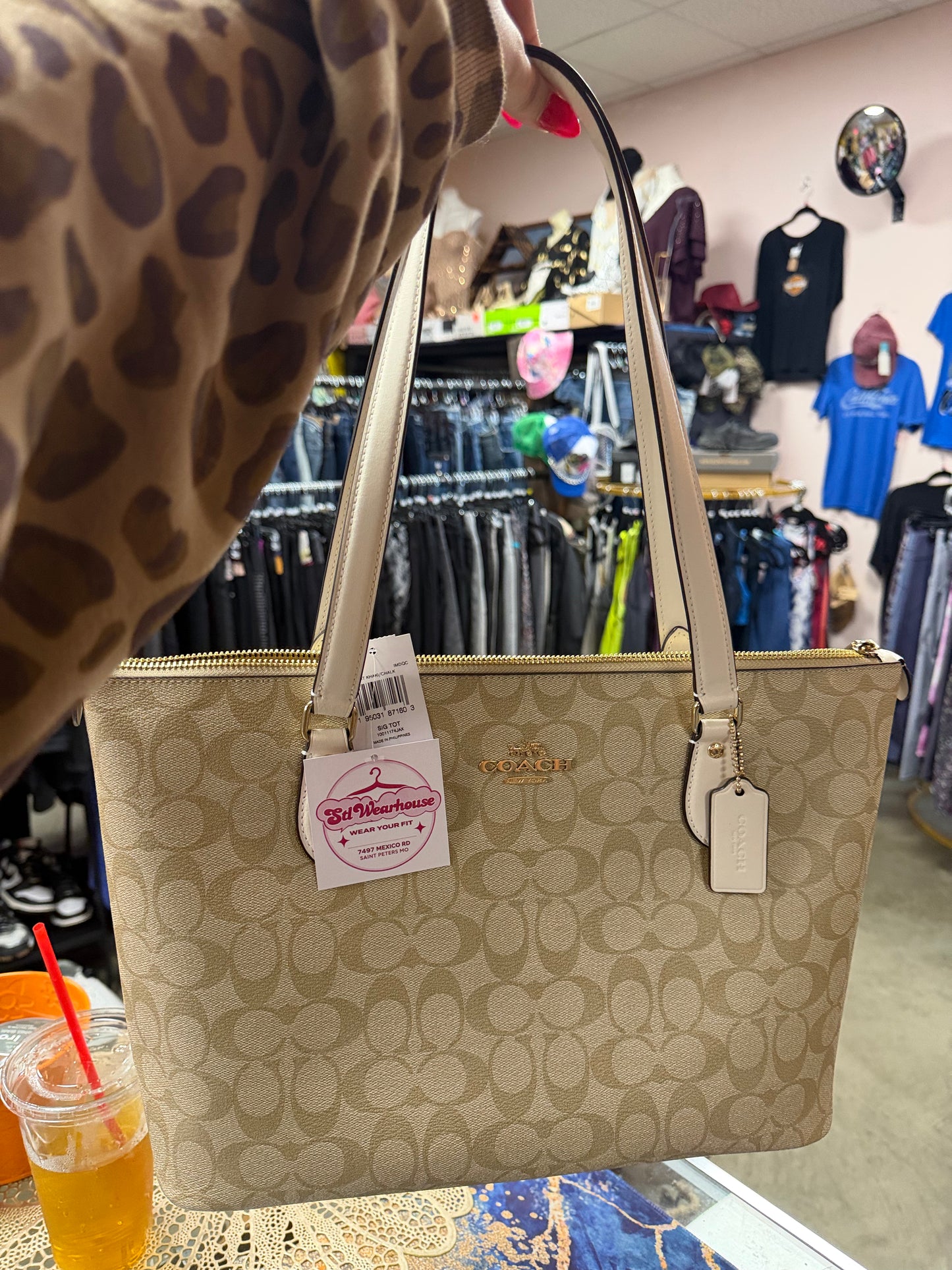 Coach Light Khaki Canvas Signature Chalk Leather Gallery Tote Bag NWT $460