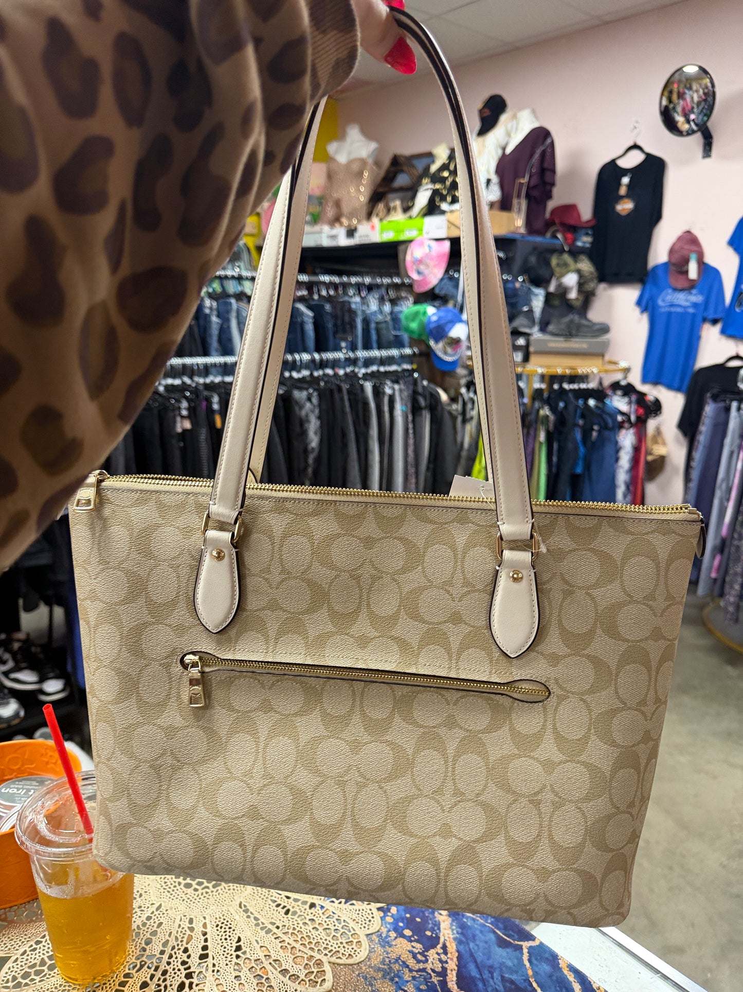 Coach Light Khaki Canvas Signature Chalk Leather Gallery Tote Bag NWT $460