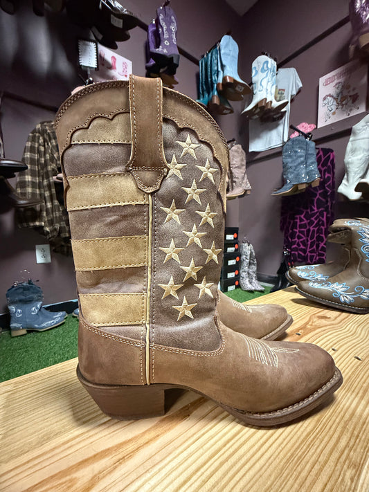 (WOMENS 7.5) DURANGO WOMEN'S DISTRESSED FLAG WESTERN BOOTS *WORN ONCE*