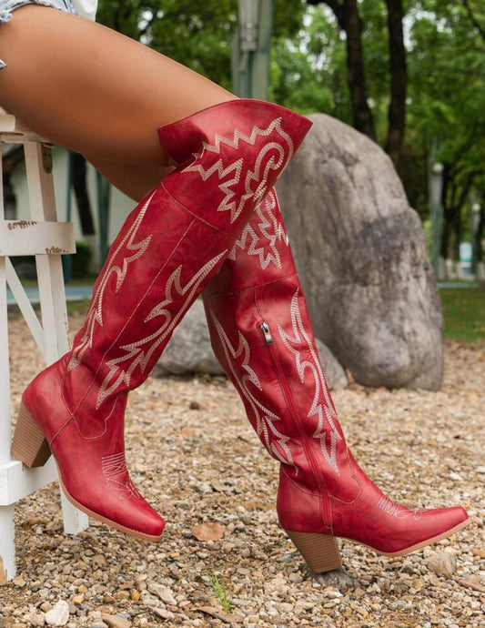 WESTERN EMBROIDED KNEE HIGH RETRO COWGIRL BOOTS