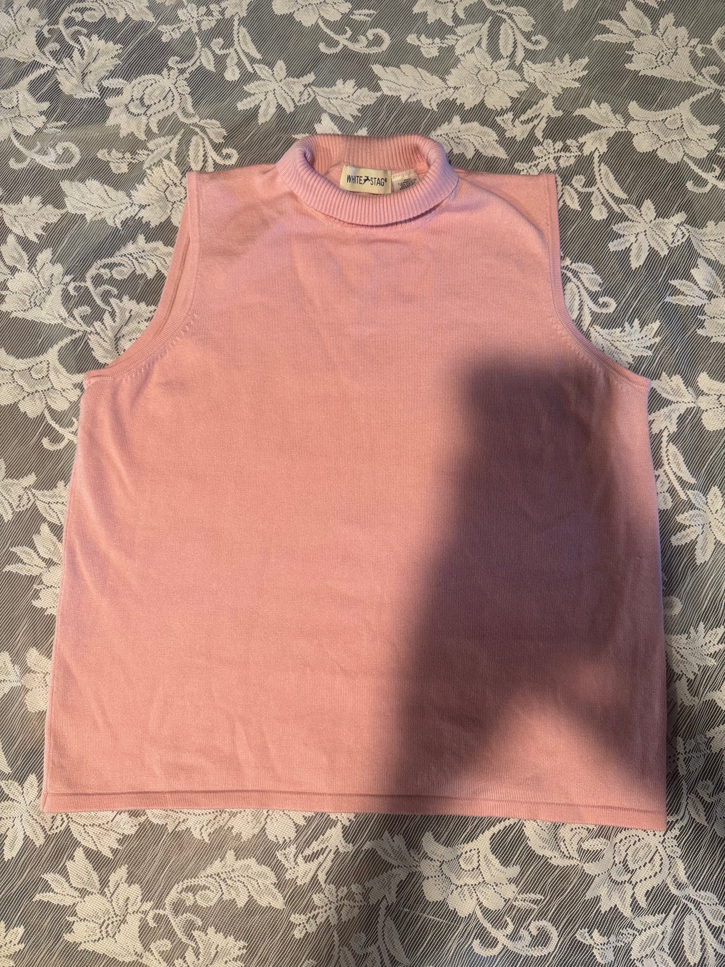 (LARGE) Vintage White Stag Pink Turtle Neck Tank Top Acrylic Blend