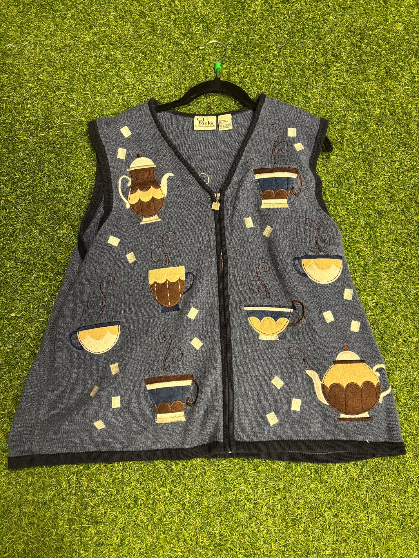 (1X) Vintage CJ Banks Blue Coffee Embroidery Vest