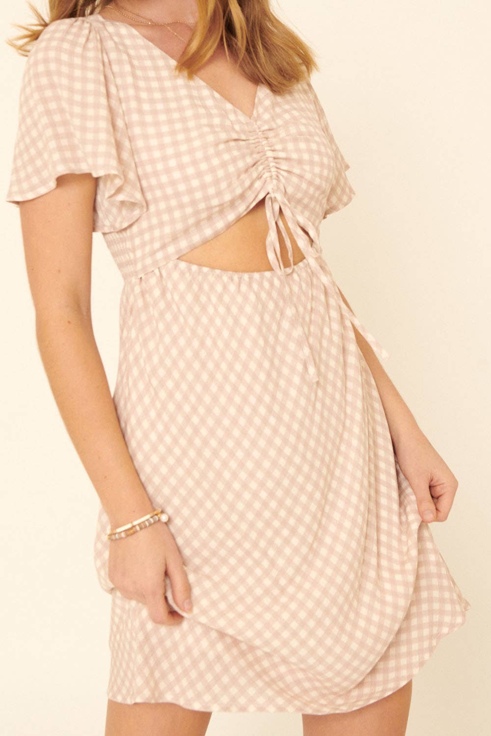 Plaid V-Neck Front Cutout Elastic Waist Mini Dress
